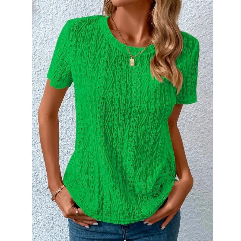 Womens Summer T Shirt Comfortable Fresh Sweet Hollow out Design Round Neck Short Sleeve Casual Wear