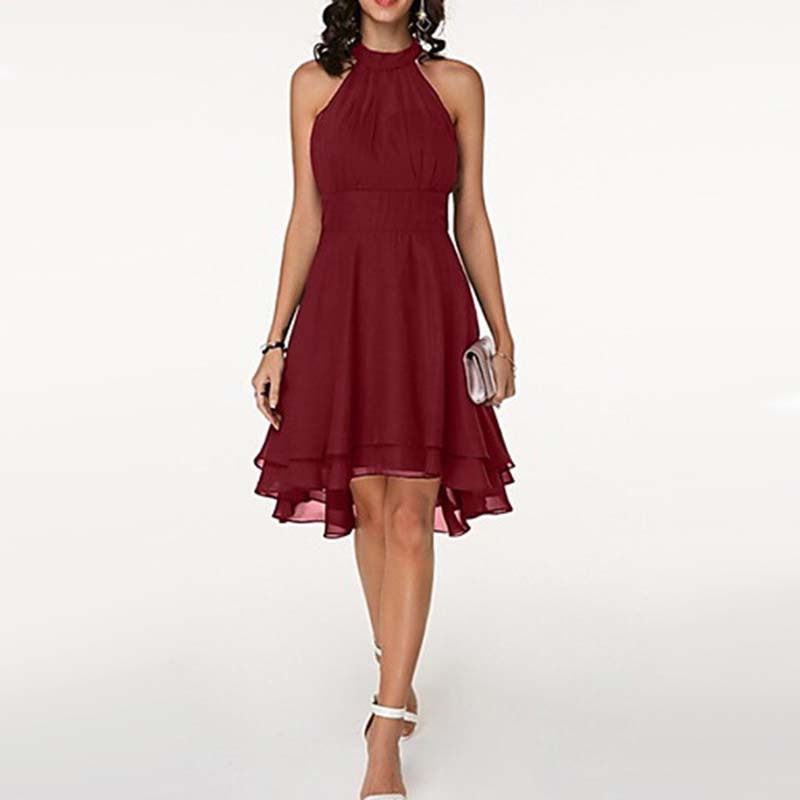 Summer Womens A Line Dress Sexy Solid Color Asymmetrical Cut Double Layer Ruffle Sleeveless Chiffon Casual Wear