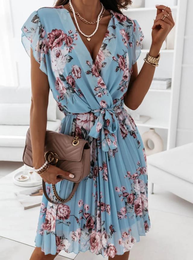 Summer Ruffle Sleeve V Neck Digital Print Dress for Women Lightweight Trendy Comfortable Perfect for Casual Outings
