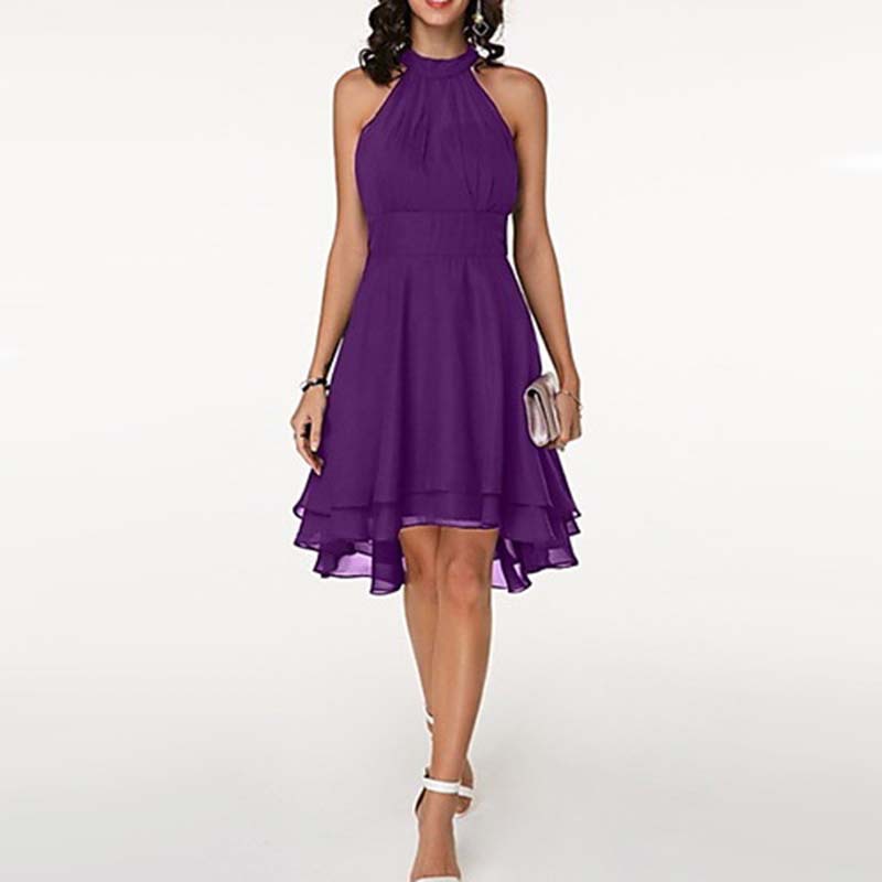 Summer Womens A Line Dress Sexy Solid Color Asymmetrical Cut Double Layer Ruffle Sleeveless Chiffon Casual Wear