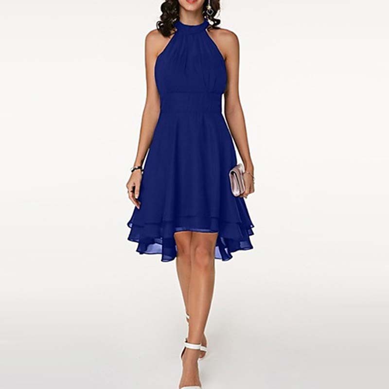 Summer Womens A Line Dress Sexy Solid Color Asymmetrical Cut Double Layer Ruffle Sleeveless Chiffon Casual Wear