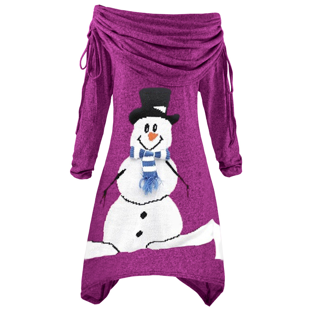 Womens Christmas Snowman Print Ruffled Collar Irregular Drawstring Dress Autumn Winter Fashion Wholesale Available