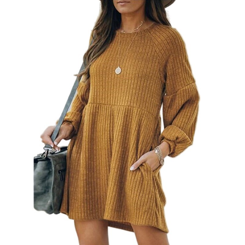 Womens Knit Long Sleeve Dress Ribbed Cotton Blend Short Length Autumn Winter Style Wholesale Available