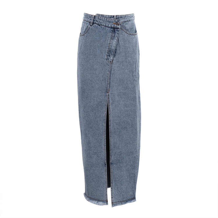 High Waisted Denim Skirt Long Length Vintage Style Side Slit Bodycon Fit Spring and Autumn Fashion Wholesale