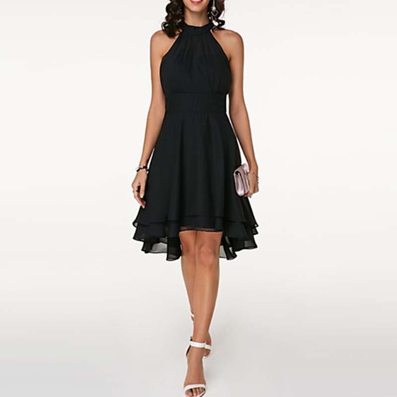 Summer Womens A Line Dress Sexy Solid Color Asymmetrical Cut Double Layer Ruffle Sleeveless Chiffon Casual Wear