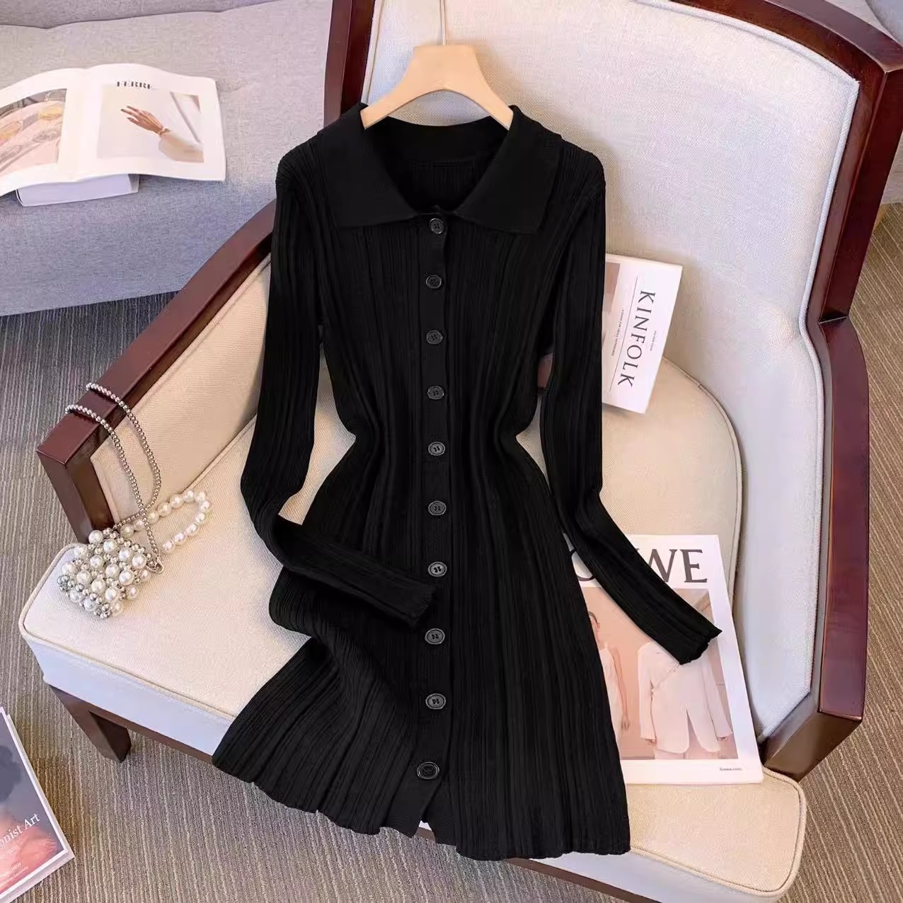 Vintage Inspired Long Sleeve Polo Dress Slim Fit Waist Defining Knitted Fabric Autumn Fashion for Women Wholesale