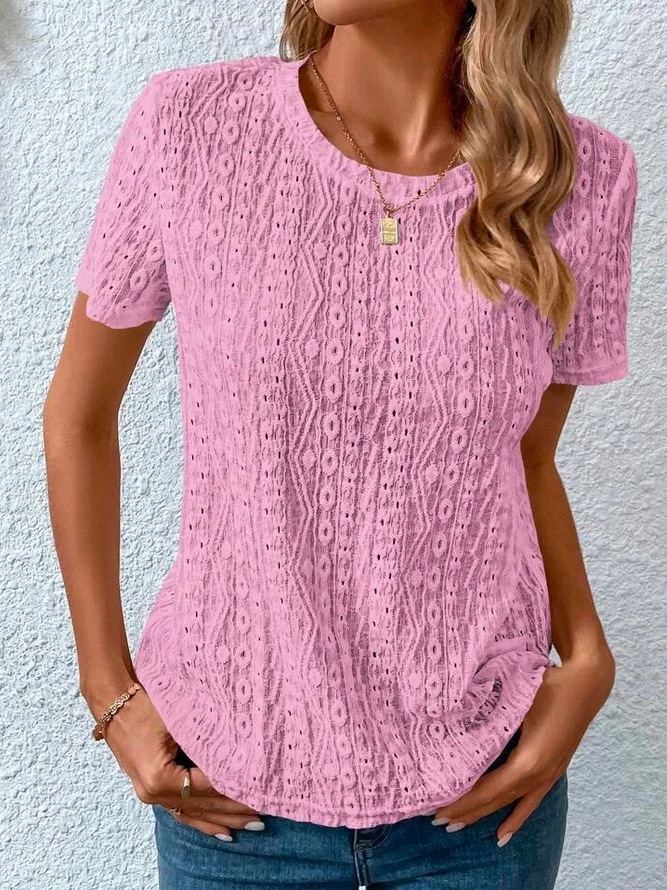 Womens Summer T Shirt Comfortable Fresh Sweet Hollow out Design Round Neck Short Sleeve Casual Wear
