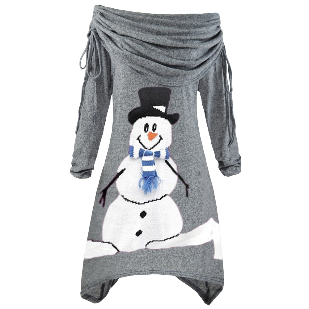 Womens Christmas Snowman Print Ruffled Collar Irregular Drawstring Dress Autumn Winter Fashion Wholesale Available