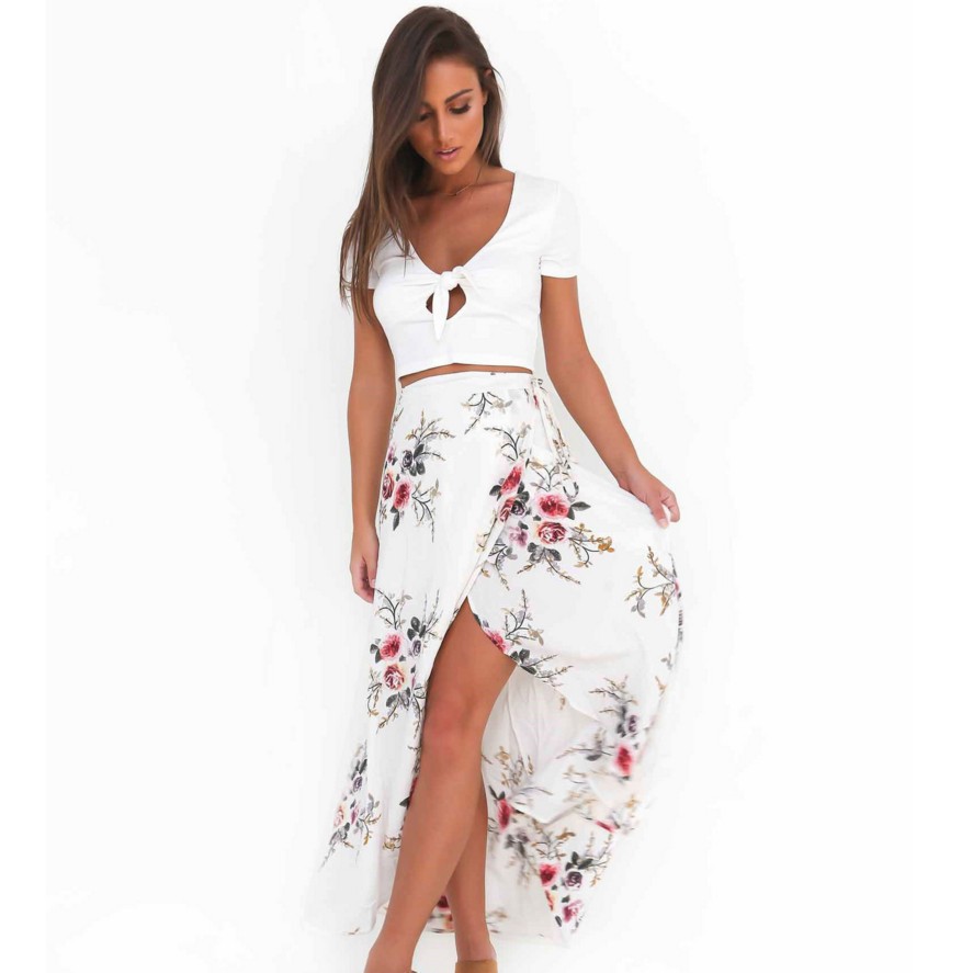 Floral Chiffon Midi Skirt Irregular Hem Tie Detail High Slit Summer Fashion for Women Wholesale Available