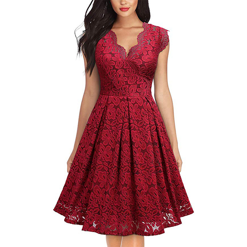 Vintage Lace V Neck Sleeveless Cocktail Dress Short Sleeve Flared Hem Elegant Style Wholesale Available