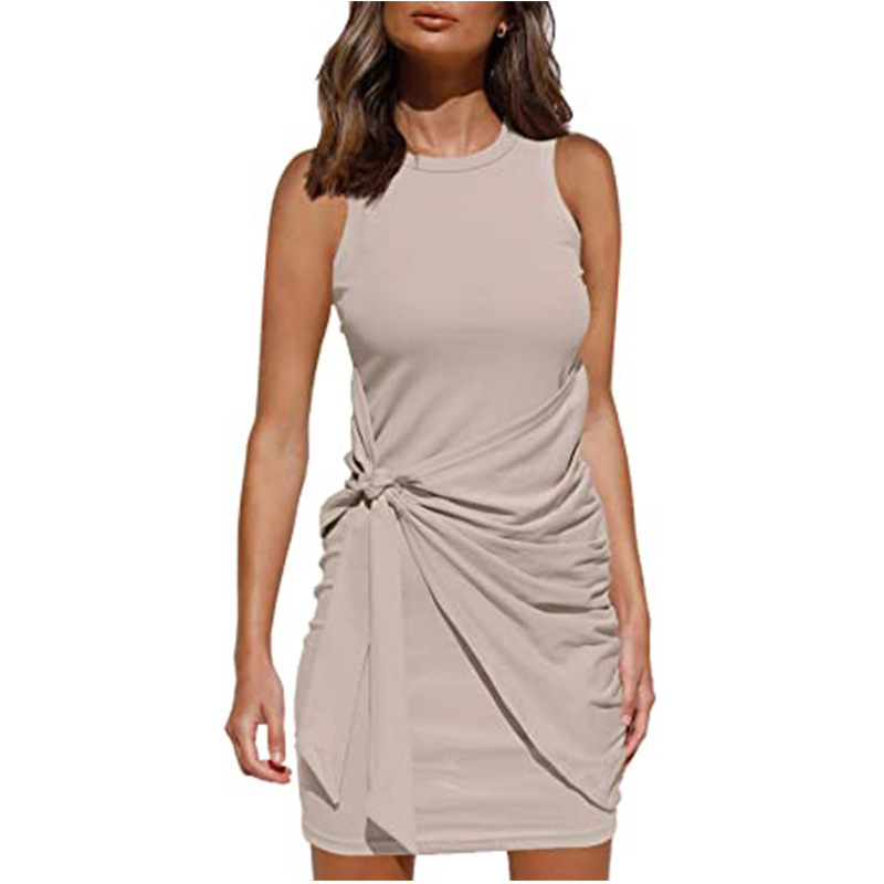 Sleeveless Round Neck Ruffled Dress Bow Tie Waist Asymmetrical Hem Elegant Style Perfect for Parties and Events