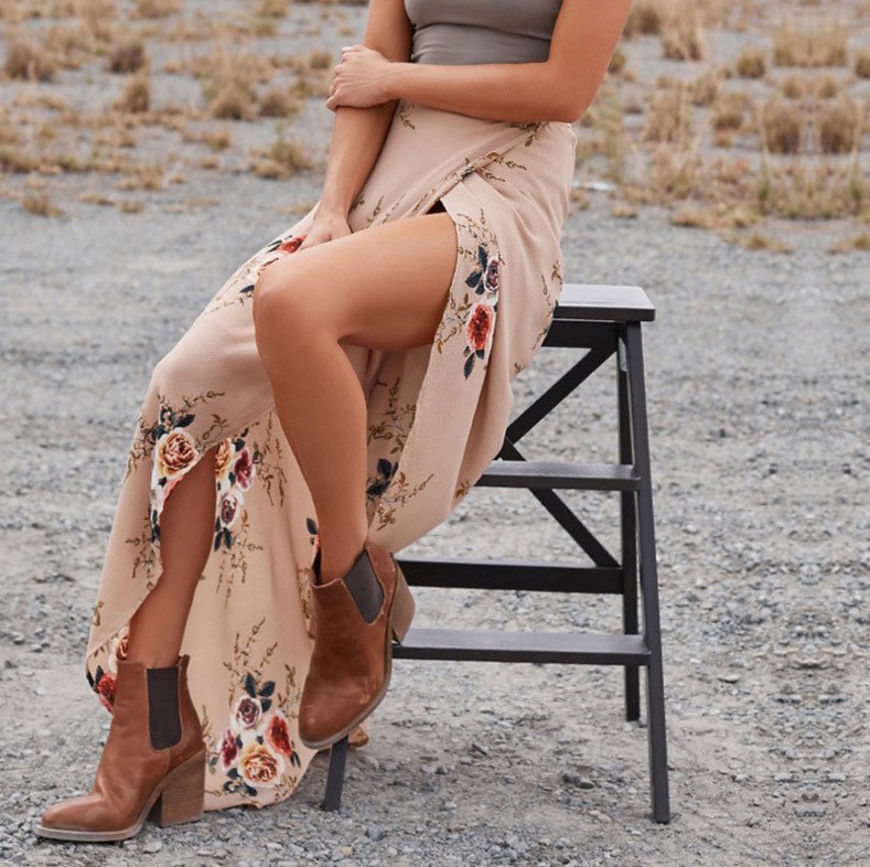 Floral Chiffon Midi Skirt Irregular Hem Tie Detail High Slit Summer Fashion for Women Wholesale Available