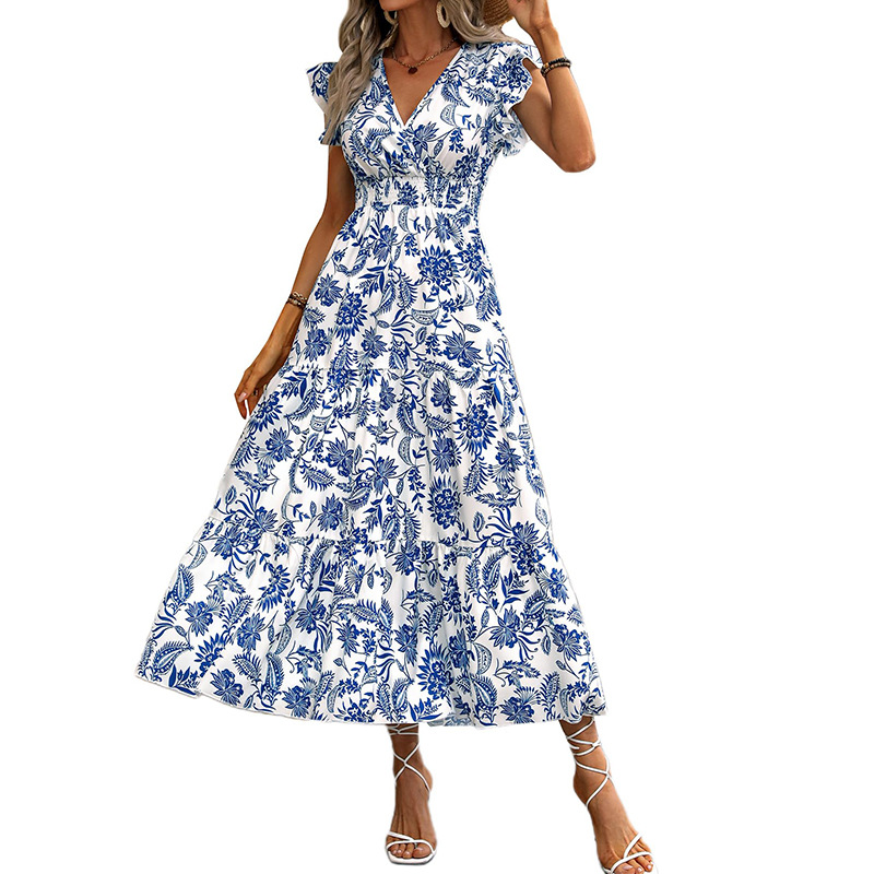 Bohemian Floral V Neck Maxi Dress Summer Style Tiered Design Waist Cinching Perfect for Casual Outings Wholesale