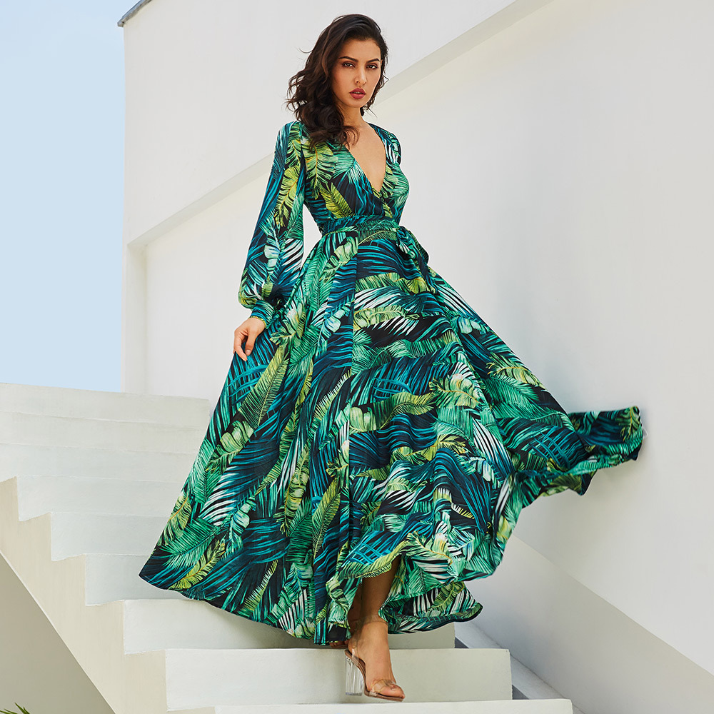 Floral Print Maxi Dress Lantern Sleeves Sexy V Neck Leaf Pattern Spring Summer Fashion Wholesale Available