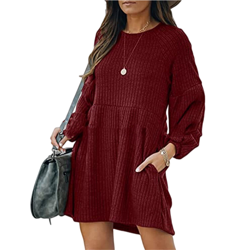 Womens Knit Long Sleeve Dress Ribbed Cotton Blend Short Length Autumn Winter Style Wholesale Available
