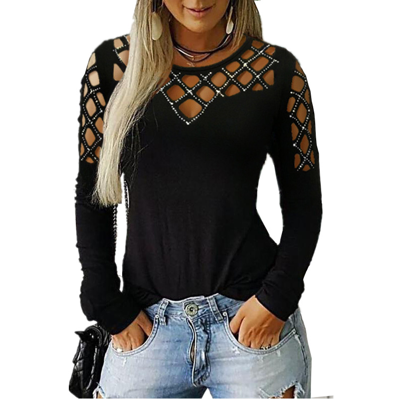 Lace Hollow Out Long Sleeve T Shirt Rhinestone Embellished Autumn Winter Fashion Wholesale Available