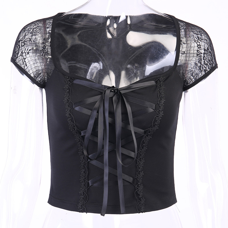 Lace Panel Short Sleeve Top Sexy Street Style Square Neck Slim Fit Womens Fashion for Casual Outings Wholesale