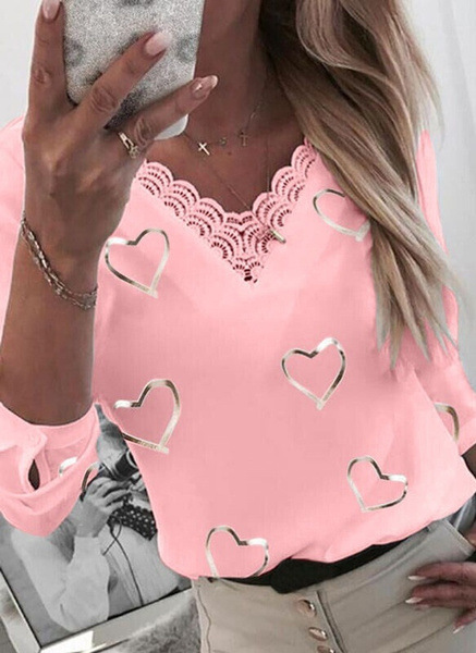 Heart Print V Neck Long Sleeve T Shirt for Women Summer Collection Casual Wear Ready to Ship Wholesale Available