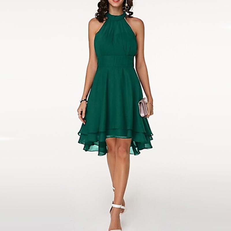 Summer Womens A Line Dress Sexy Solid Color Asymmetrical Cut Double Layer Ruffle Sleeveless Chiffon Casual Wear