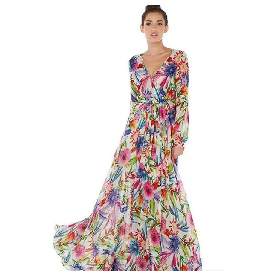 Floral Print Maxi Dress Lantern Sleeves Sexy V Neck Leaf Pattern Spring Summer Fashion Wholesale Available