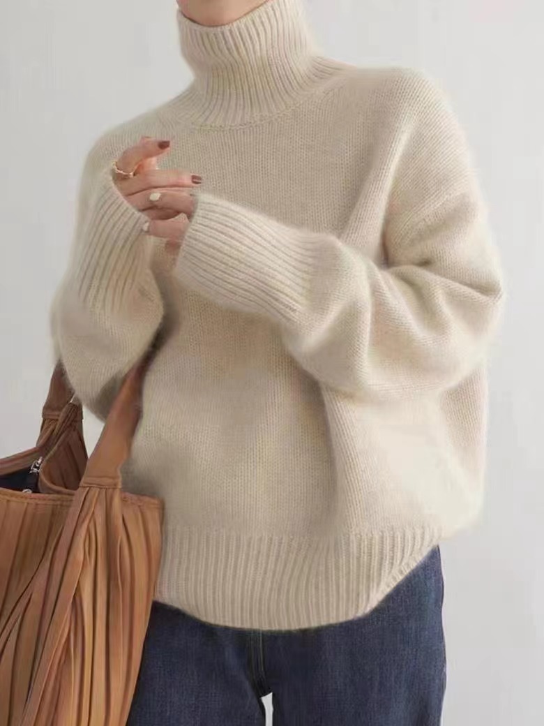 High Neck Womens Sweater Premium Quality Simple Design Solid Color Early Autumn Knitwear Wholesale Available