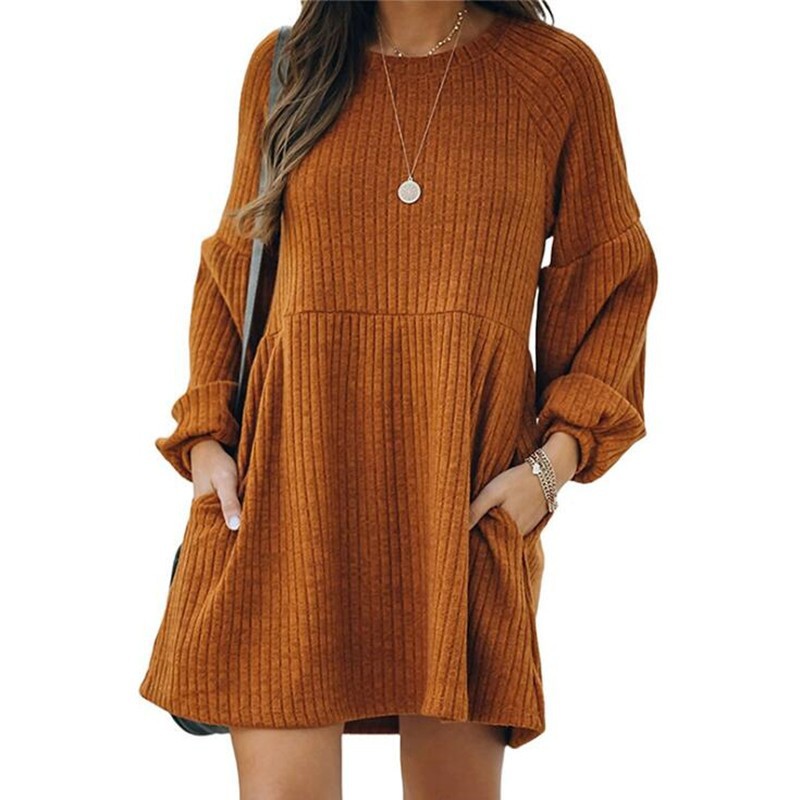 Womens Knit Long Sleeve Dress Ribbed Cotton Blend Short Length Autumn Winter Style Wholesale Available