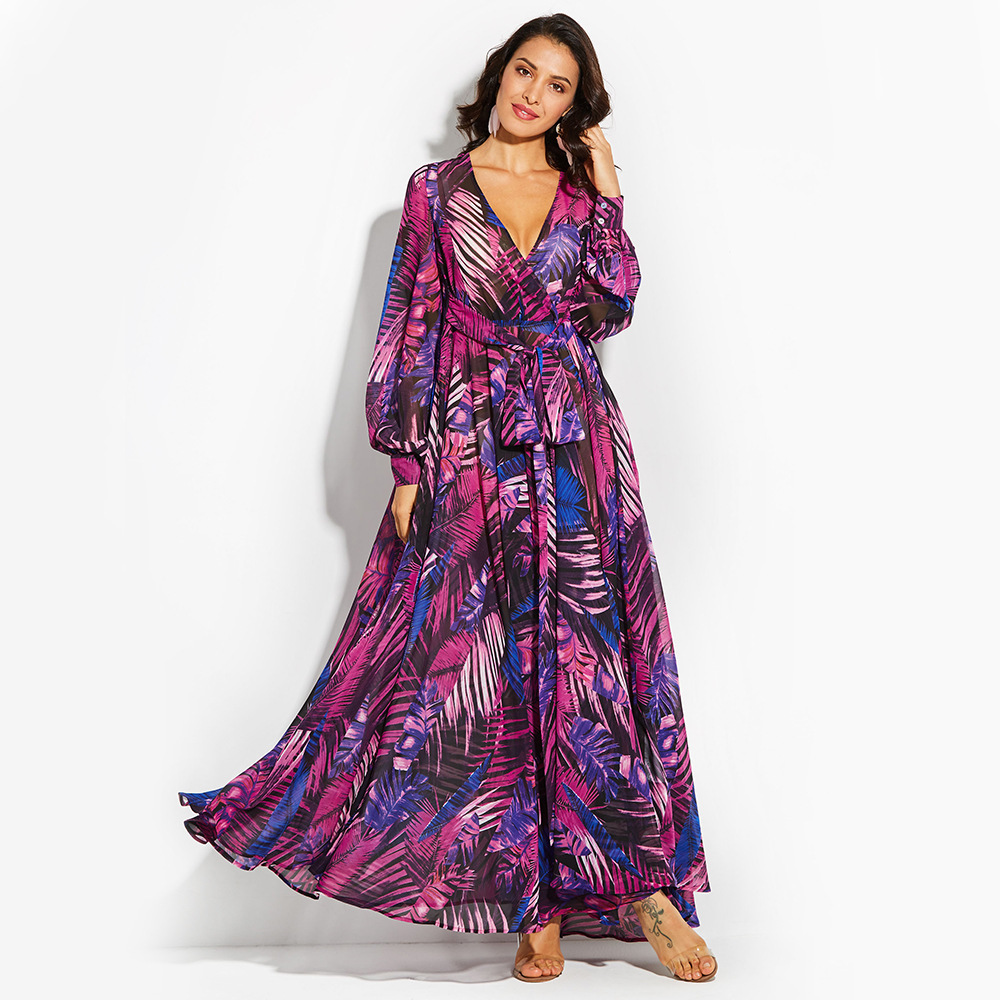 Floral Print Maxi Dress Lantern Sleeves Sexy V Neck Leaf Pattern Spring Summer Fashion Wholesale Available