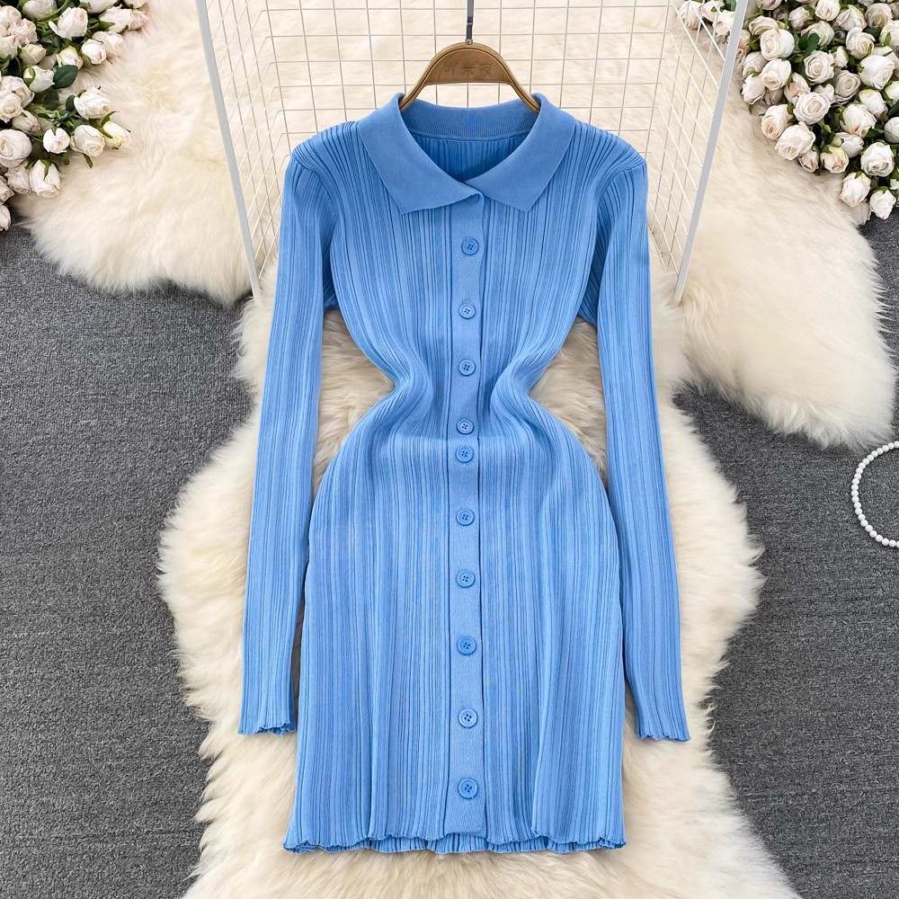 Vintage Inspired Long Sleeve Polo Dress Slim Fit Waist Defining Knitted Fabric Autumn Fashion for Women Wholesale