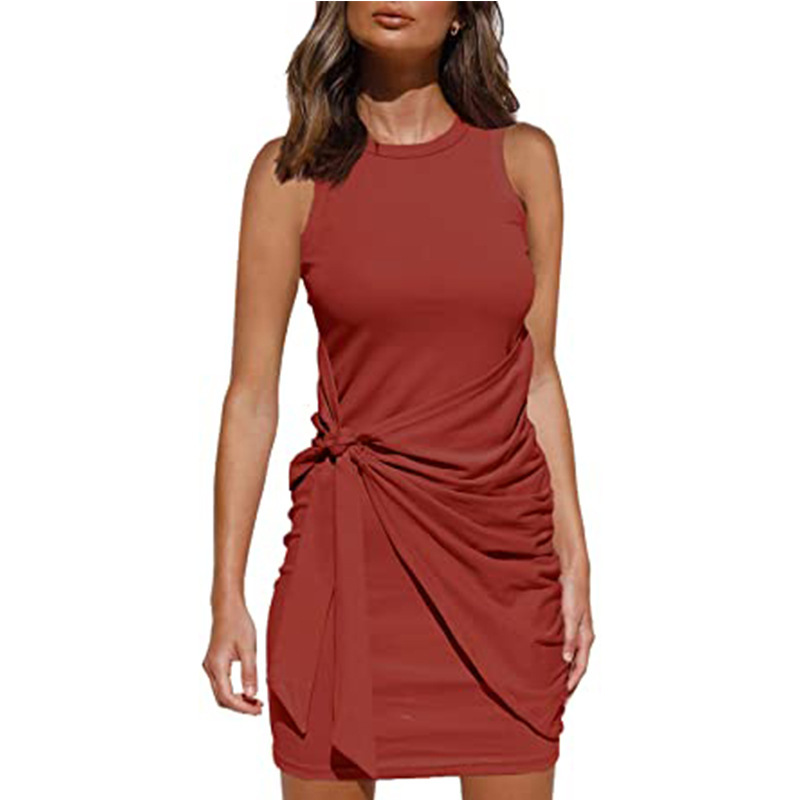 Sleeveless Round Neck Ruffled Dress Bow Tie Waist Asymmetrical Hem Elegant Style Perfect for Parties and Events