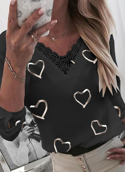 Heart Print V Neck Long Sleeve T Shirt for Women Summer Collection Casual Wear Ready to Ship Wholesale Available
