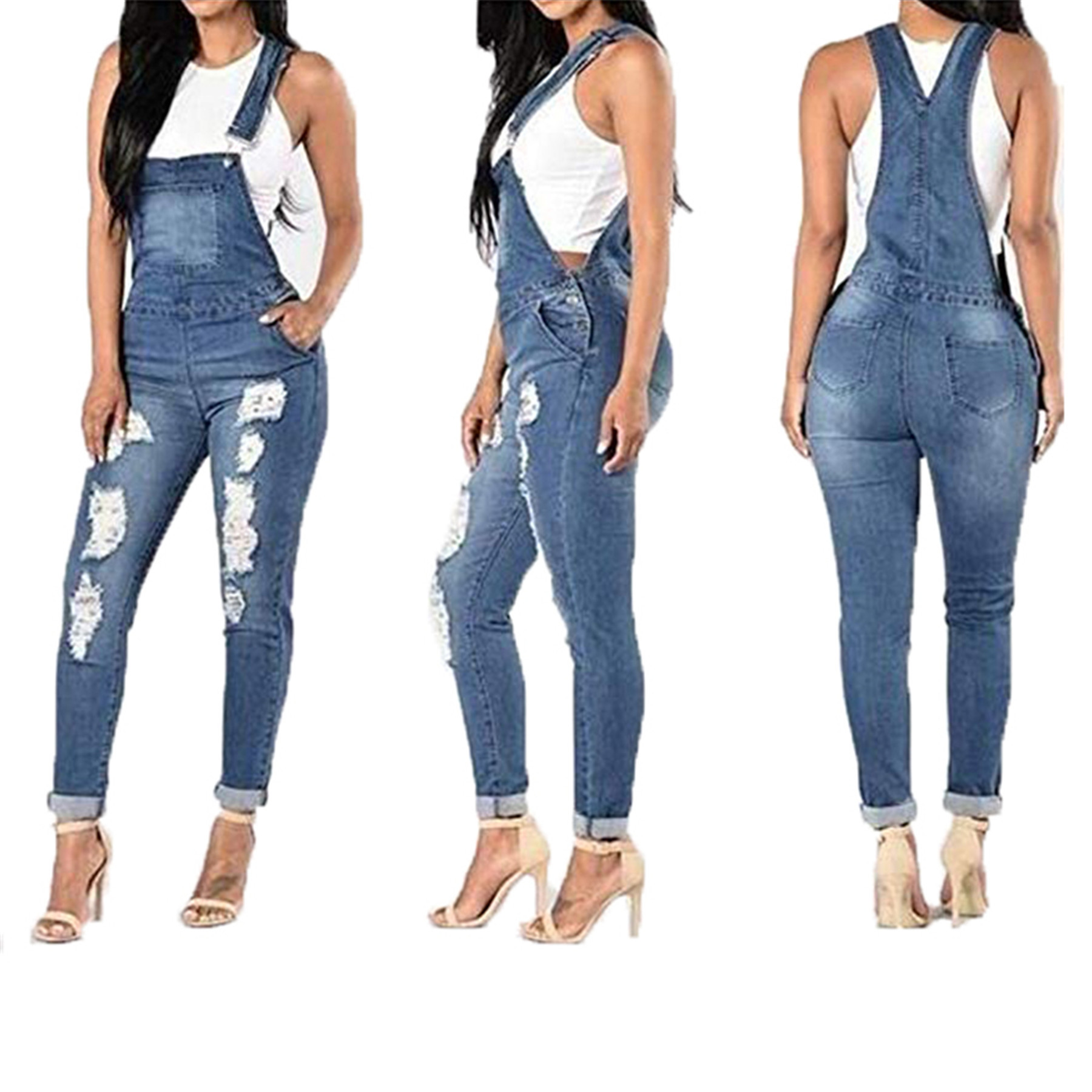 Womens Ripped Denim Jumpsuit Casual Style Adjustable Straps Comfortable Fit Perfect for Everyday Wear Wholesale