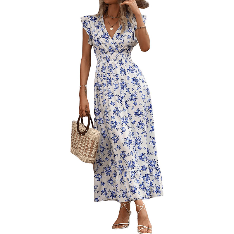 Bohemian Floral V Neck Maxi Dress Summer Style Tiered Design Waist Cinching Perfect for Casual Outings Wholesale