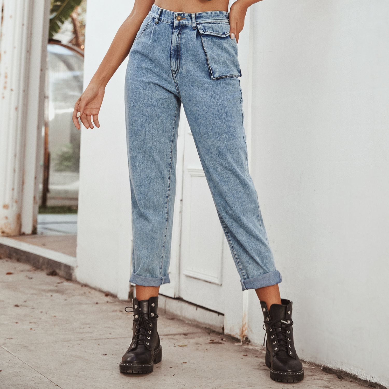 High Waisted Denim Cargo Pants Stylish Versatile Pocketed Design Casual Wear for Women Ready to Ship