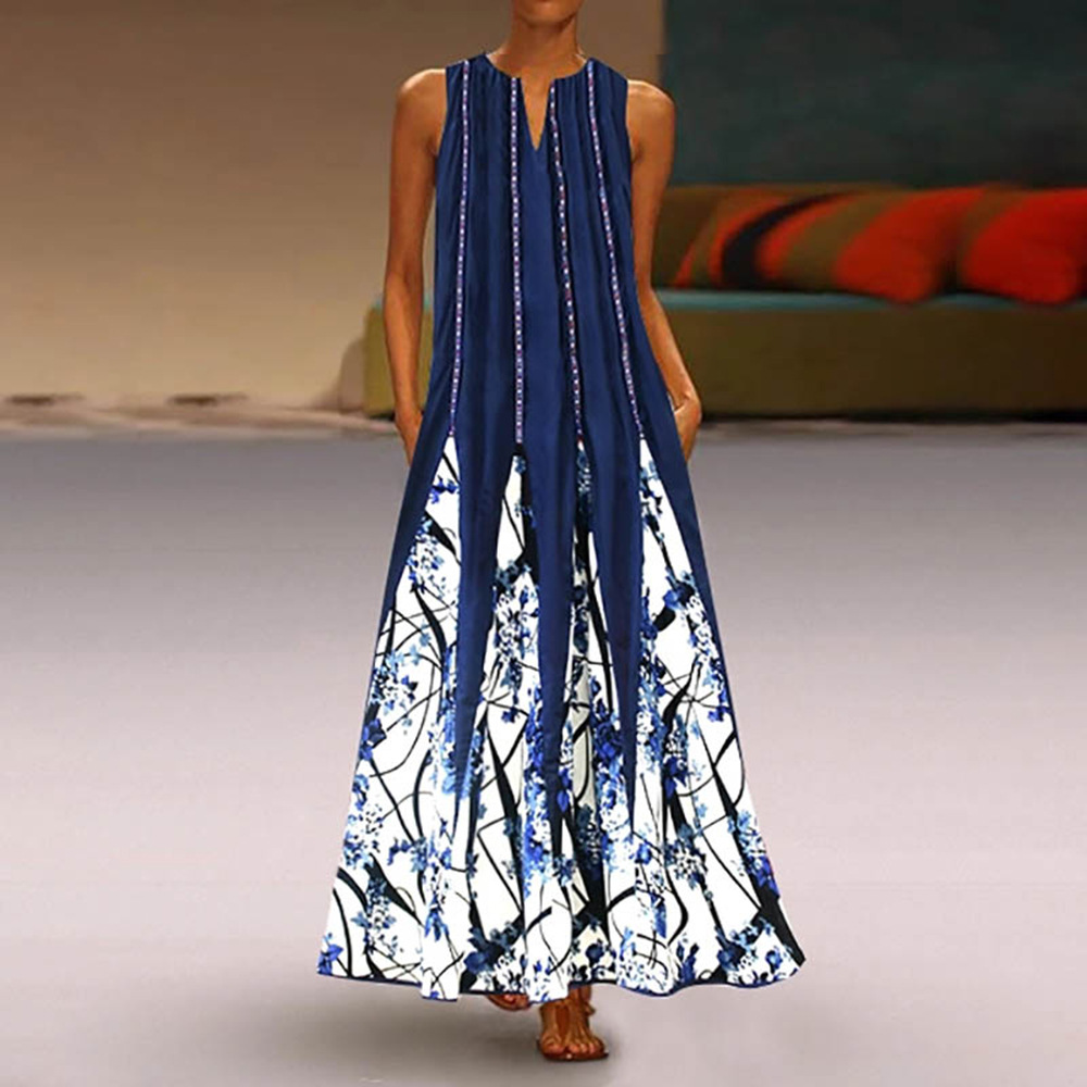 Vintage Floral Print Maxi Dress for Women V Neck Sleeveless Pocket Design Summer Casual Wear Wholesale Available