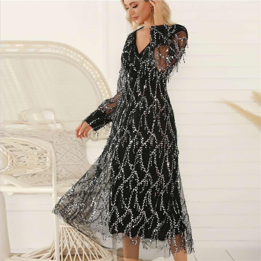Long Sleeve Sequin Fringe Maxi Dress for Women Spring Summer Fashion Elegant Evening Wear Wholesale Available