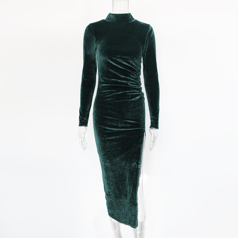 Elegant High Neck Long Sleeve Dress Pleated Design Side Slit Fashionable Style Perfect for Autumn and Winter Events