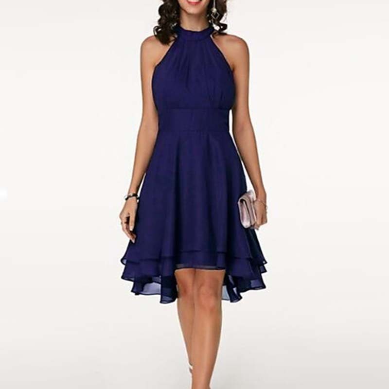 Summer Womens A Line Dress Sexy Solid Color Asymmetrical Cut Double Layer Ruffle Sleeveless Chiffon Casual Wear