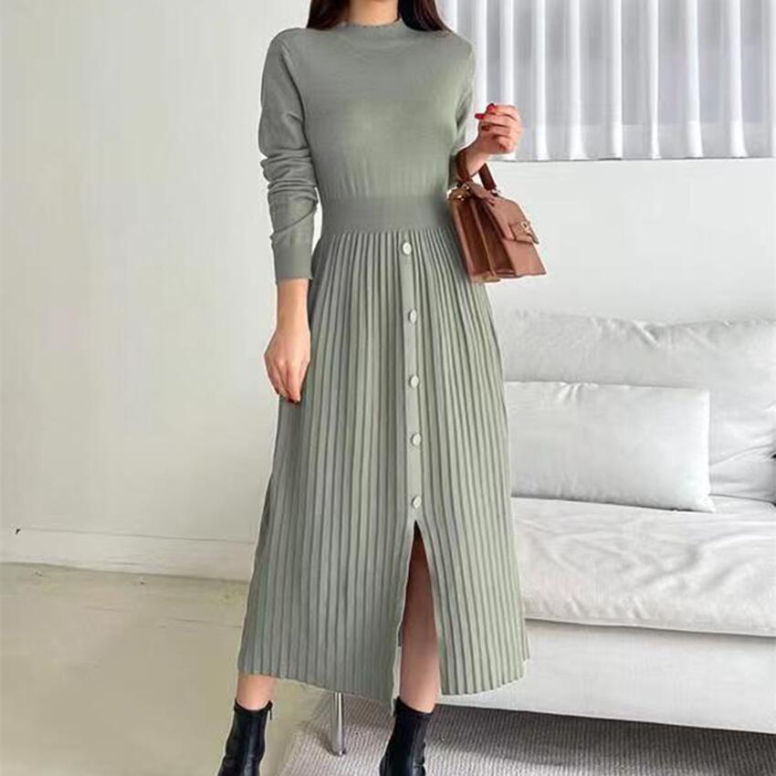 French Style Knitted Midi Dress Elegant Split Design Round Neck Long Sleeve Comfortable Fabric Casual Wear