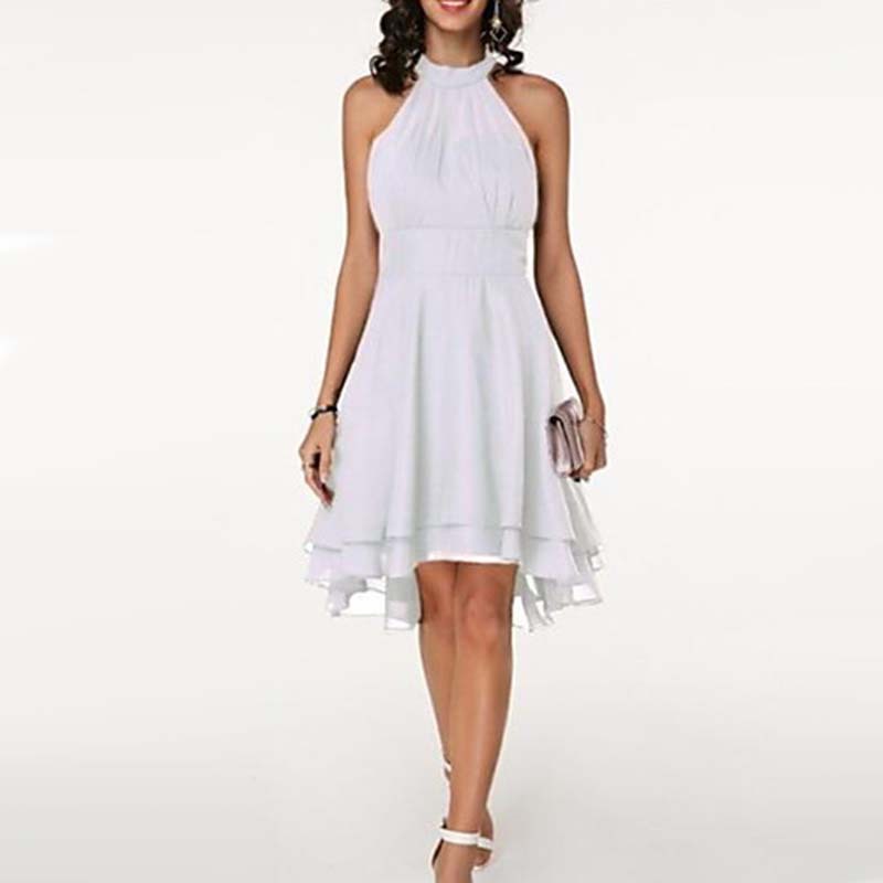 Summer Womens A Line Dress Sexy Solid Color Asymmetrical Cut Double Layer Ruffle Sleeveless Chiffon Casual Wear