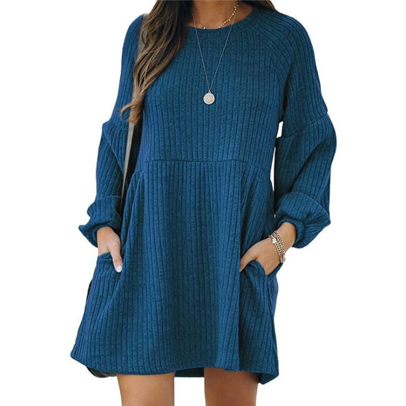 Womens Knit Long Sleeve Dress Ribbed Cotton Blend Short Length Autumn Winter Style Wholesale Available