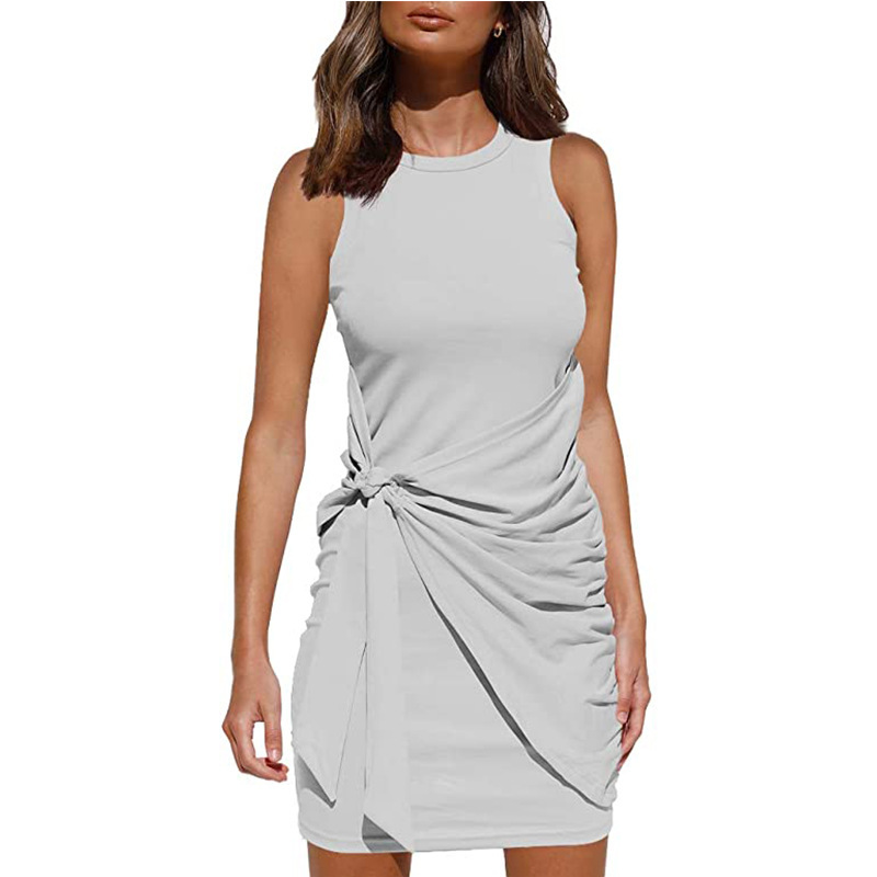 Sleeveless Round Neck Ruffled Dress Bow Tie Waist Asymmetrical Hem Elegant Style Perfect for Parties and Events
