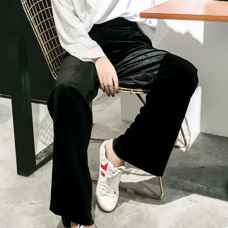 Velvet Wide Leg Trousers for Women High Waist Loose Fit Floor Length Solid Color Casual Wear Spring Collection