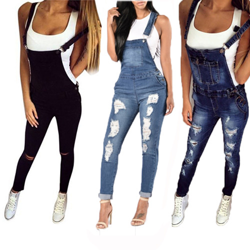 Womens Ripped Denim Jumpsuit Casual Style Adjustable Straps Comfortable Fit Perfect for Everyday Wear Wholesale