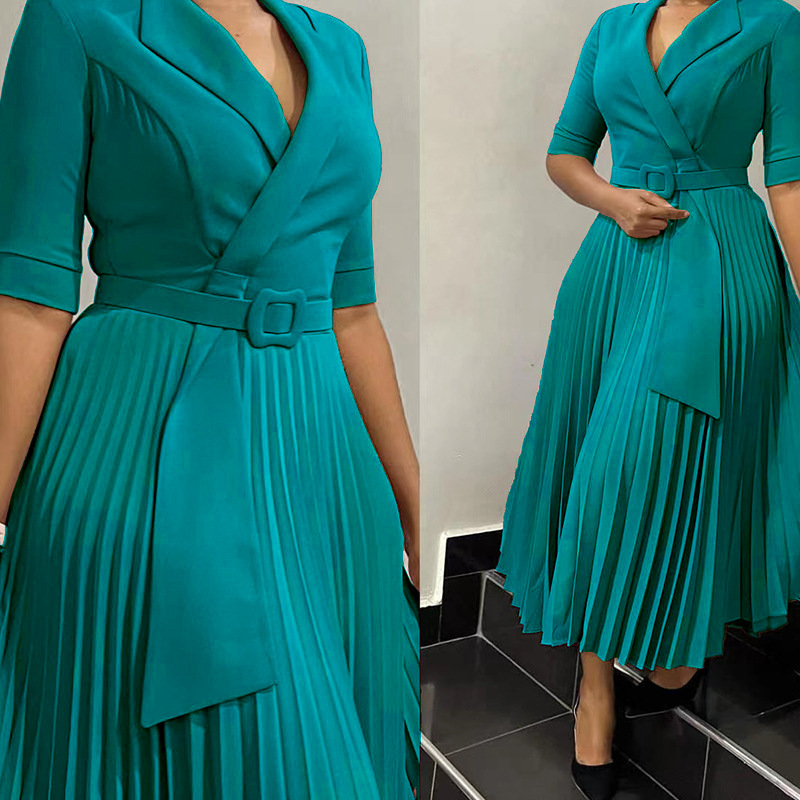 Plus Size Women's Fashion Dress with Suit Collar, Pleated Waist Design, Ideal for Fall and Winter, Stylish OL Look for African