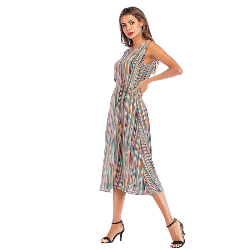 Sleeveless Round Neck Colorful Striped Print Dress Summer Fashion Casual Style Comfortable Fit Wholesale Available