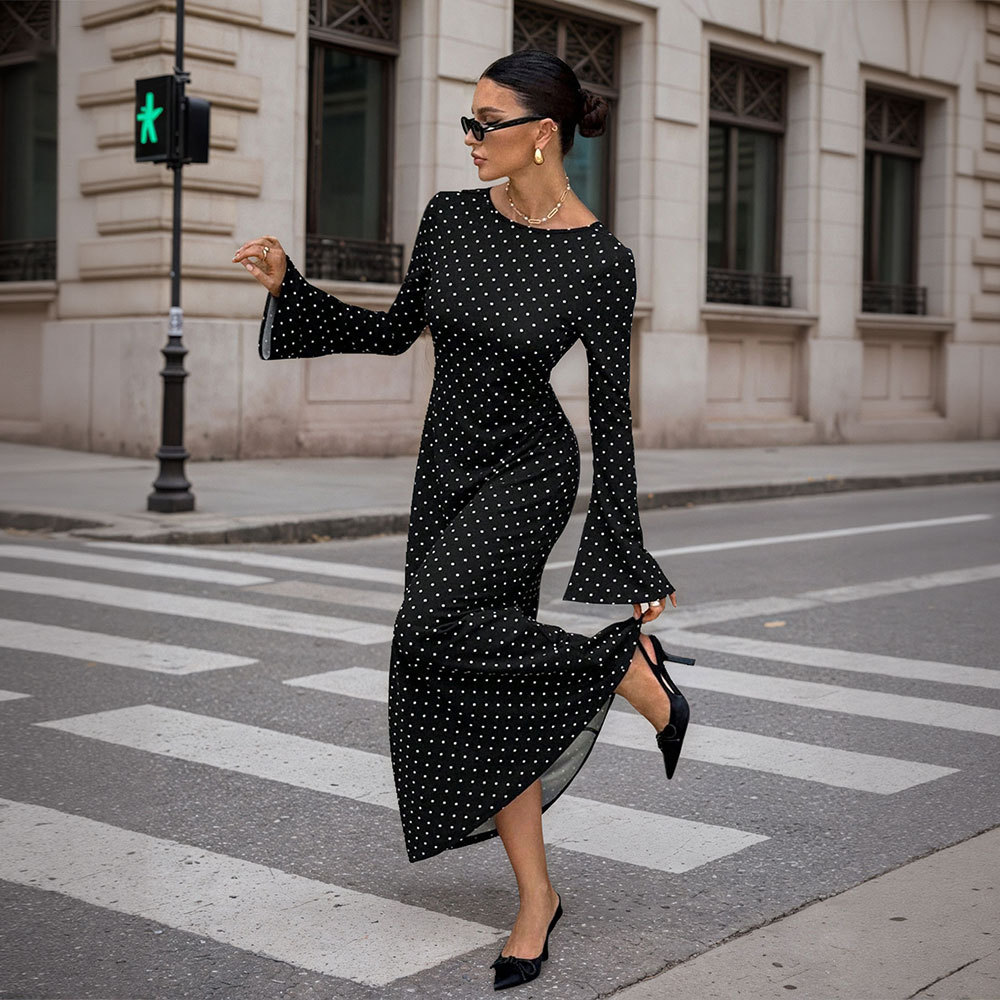 Black Polka Dot Maxi Dress Long Sleeve Open Back Slim Fit Adjustable Tie Elegant Autumn Winter Evening Wear