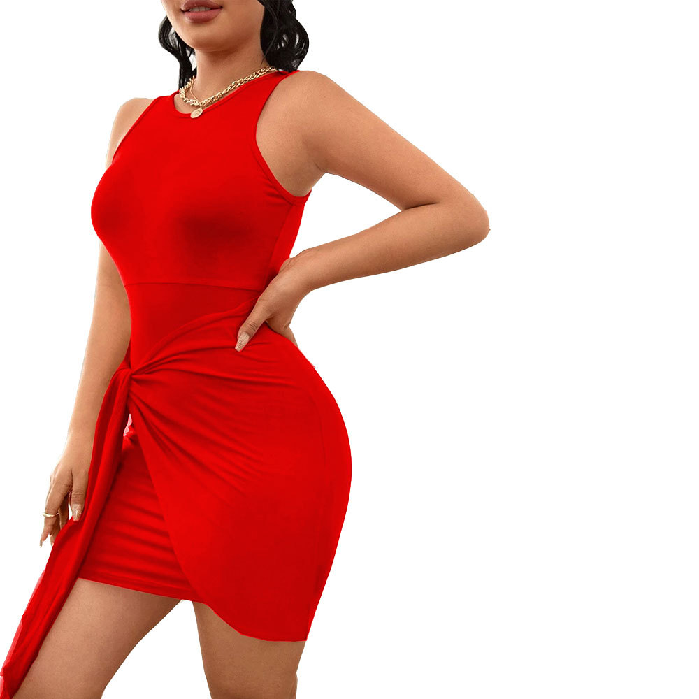 Fashion Women's Summer Round Neck Solid Color Short Skirt Tie Waist Bodycon Dress