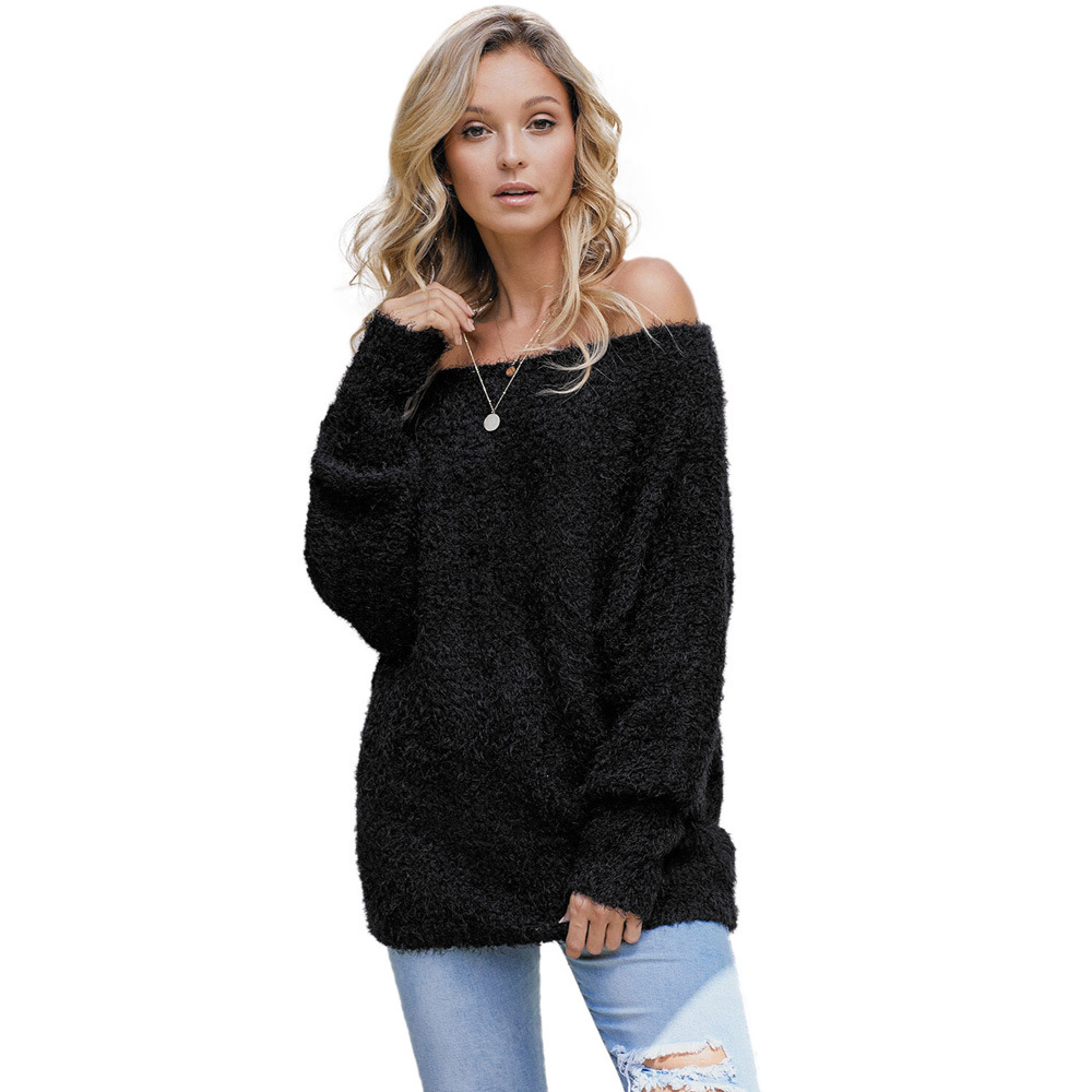 Off Shoulder Long Sleeve Knit Sweater for Women Solid Color Loose Fit Warm Wool Blend Autumn Winter Casual Wear