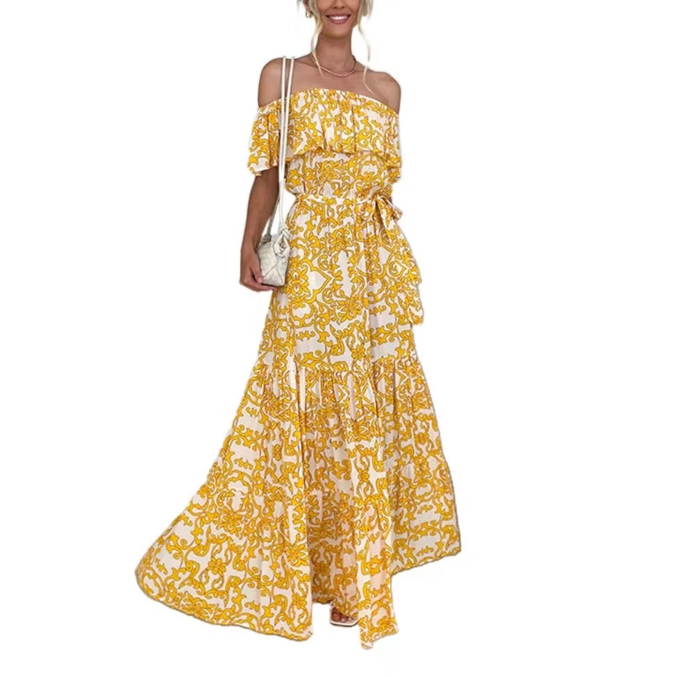 European and American Market, Floral Print Off Shoulder Ruffle Sleeve Maxi Dress — Elegant, Trendy, Comfortable — Casual Wear