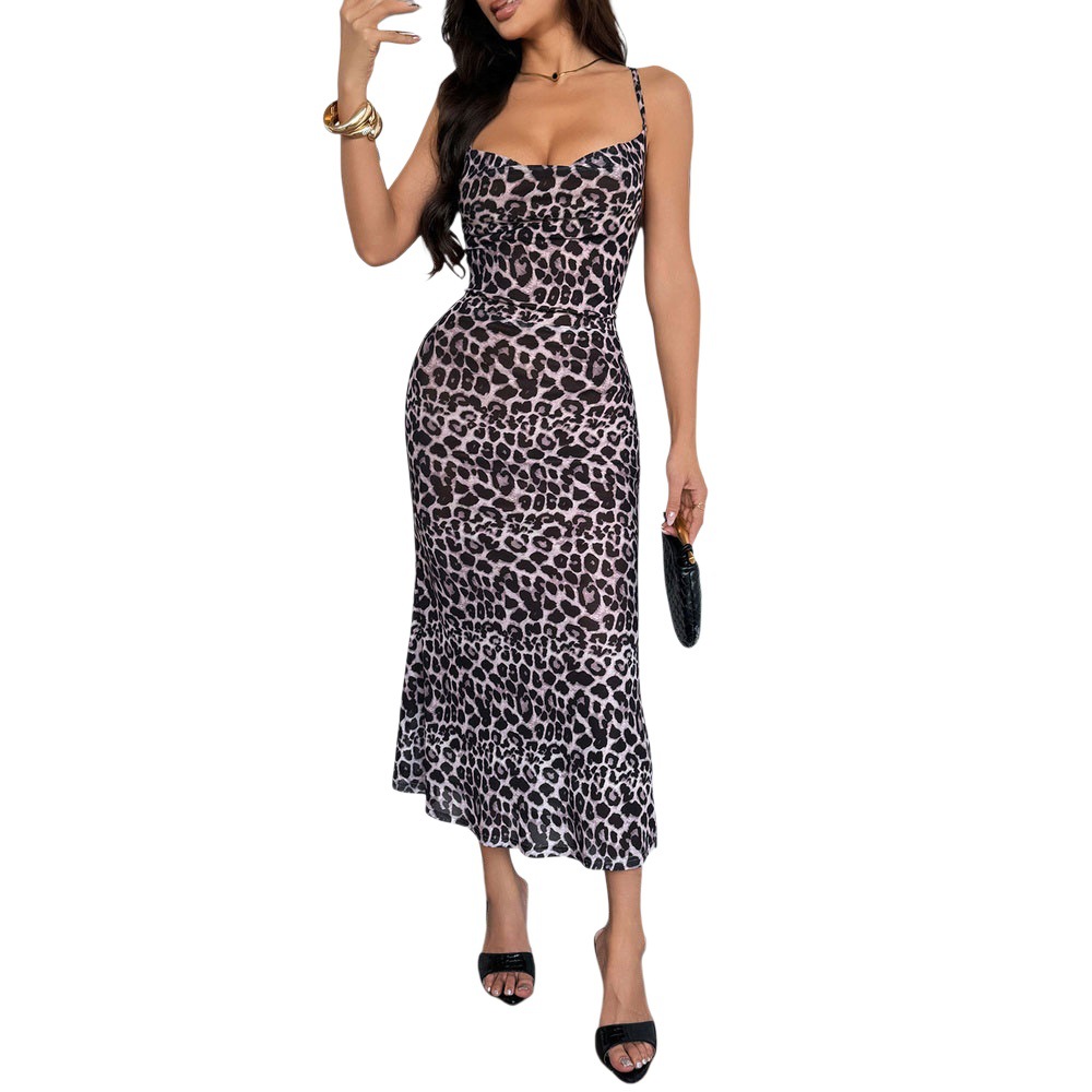 Summer New Slim Fit Bodycon Sexy Backless Spaghetti Strap Leopard Print Fashion Dress Mid Length Dress